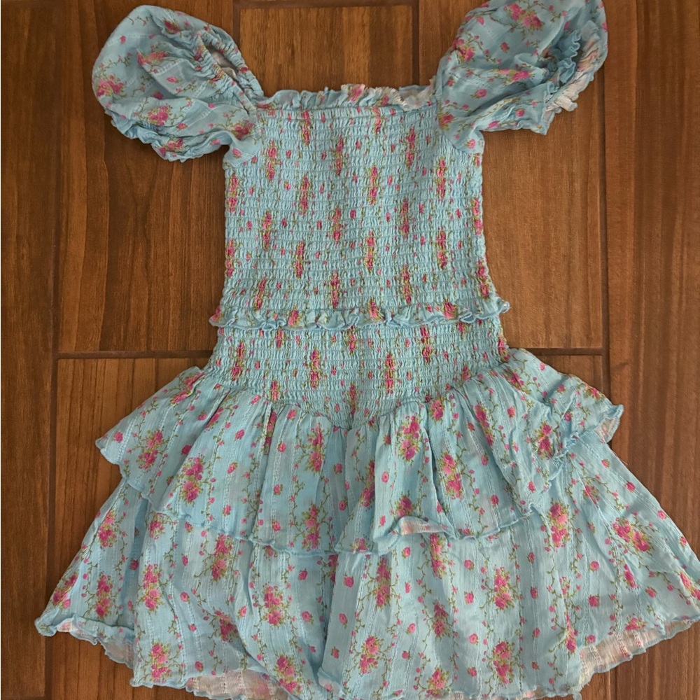 Katie J NYC Light Blue Floral Smocked Puff-Sleeve Dress